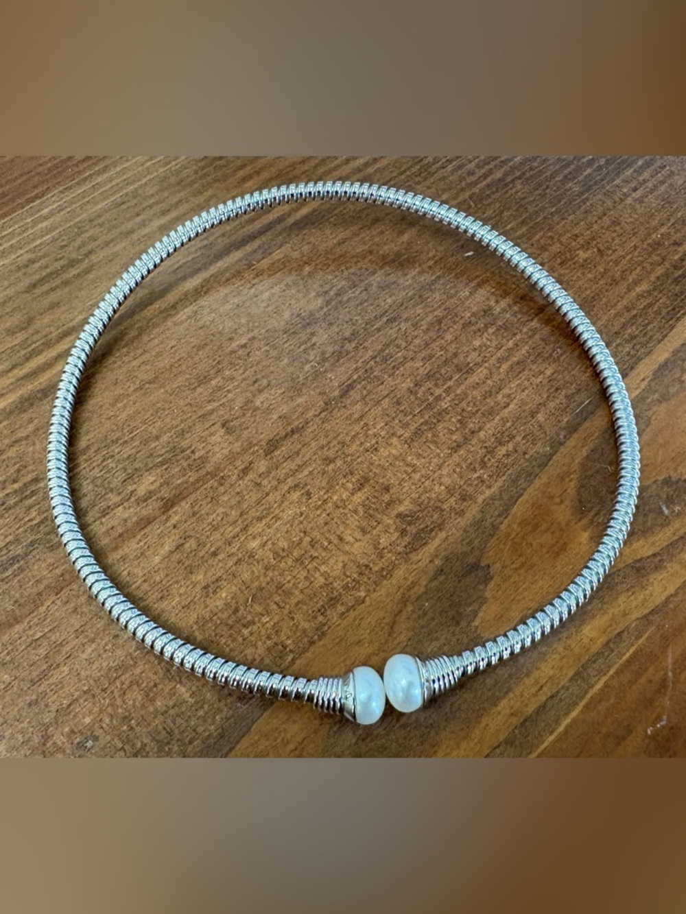 Sterling Silver Tone Choker Necklace with White Bead Accents